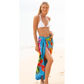 SHU-SHI - Traje de baño para mujer, diseño de pareo floral de hibisco, para mujer, falda larga para la playa, para viajes en la piscina, Turquesa, Talla única
