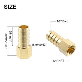 sourcing map 2 Pcs Brass Hose Barb Fitting, 1/2" Barb x 1/4" NPT Female Brass Barb Pipe Fitting Adapter for Connect Pipes Mechanical Devices Plumbing Equipment