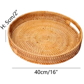 I-lan Round Serving Tray, Wicker Decorative Valet Tray, Flat Serving Circle with Handles, Ottoman Rattan Tray for Coffee Table, Dessert, Storage, Cocktail, Snack, Bread, Brown (Round: 15.8")