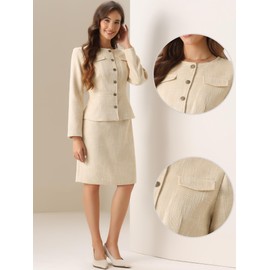 Allegra K Suit Set for Women's 2 Piece Outfits Tweed Peplum Collarless Blazer Jacket and Skirt Sets Beige XL