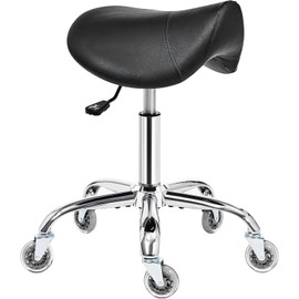 BEWISHOME Saddle Stool with Wheels, Swivel Adjustable Rolling Stool,Heavy Duty PU Leather Wide Thick Seat Padding Ergonomic Chair for Beauty Salon Spa Clinic(Black) BMD01B
