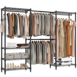BATHWA Adjustable Heavy Duty Wardrobe Closet Organizer - Expandable Metal Clothing Rack with 4 Hanging Rods, 6 Shelves, and 4 Hangers, Freestanding Closet System 70.9”H x (68.9”-90.2”)L x 14”D, Black