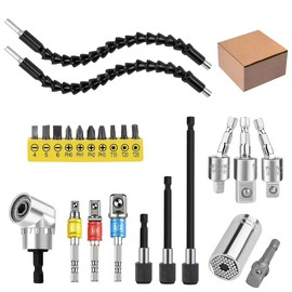 24pcs Flexible Drill Bit Extension Set, 105°Right Angle Drill Attachmen, Rotatable Joint Socket 1/4 3/8 1/2 Inch Hex Socket Adapter Socket Bendable Drill Bit Extension Screwdriver with a Box (Sliver)