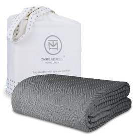 Threadmill Luxury Cotton Blankets for Twin Size Bed | All-Season 100% Cotton Twin Blanket for Bed | Herringbone Soft & Cozy Fall Thermal Blanket, 350GSM, 68x92 inches | Dark Grey
