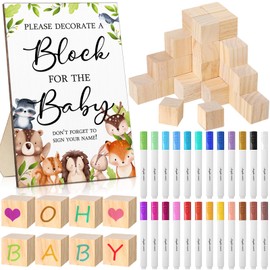 Tatuo 75 Pcs Animals Baby Shower Party Decorate a Block Games Kit Including Game Sign 50 DIY Blank Wooden Blocks 24 Paint Marker Baby Shower Prize for Gender Reveal Decorations, Light Brown