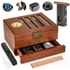 SEMKONT Cigar Humidor, Vintage Lock & Accessory Drawer Cedar Wood Cigar Humidor, Recessed Hygrometer Glass Top Desktop Humidor, with Humidifier, Cigar Lighter and Dropper Cigar Box for 20-35 Cigars
