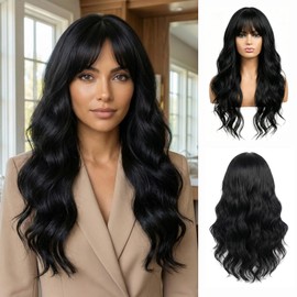 QITAQOTA Black Wig for Women | 26 Inch Body Wave Synthetic Wig | Long Black Wig with Bangs | Natural Wigs for Black Women