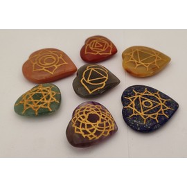 Sharvgun Seven Chakra Reiki Heart Shape-Symbol Set 7 of Pieces Healing Gemstone Palm Stone Engraved Chakra Symbols Holistic Balancing Polished Charged Gems