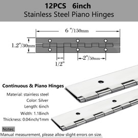 12 PCS Heavy Duty Piano Hinges, 6 Inch 1.2'' Open Width, 0.04'' Silver Stainless Steel Folding Hinges for Storage Boxes, Cabinets, Door, Piano, Wood Furniture