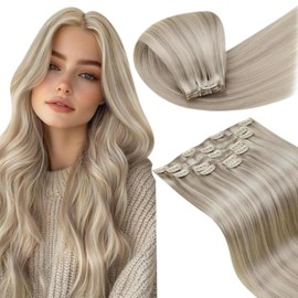 LaaVoo Blonde Clip-In Real Hair Extensions, 40 cm, Highlight Real Hair Clip-In Extensions, Real Hair, Ash Blonde, Highlight, Bleached Blonde, Straight, 105 g, 7 Pieces, #18/613