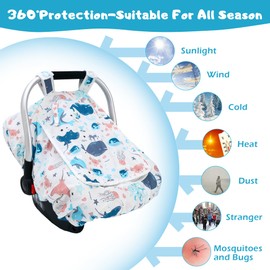 Car Seat Covers for Babies, Baby Car Seat Cover for Boys Girls with Breathable Mesh Window, Lightweight Infant Car Seat Canopy for All Seasons, Universal Fit Most Baby Car Seat(Oceans)