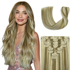 Nuzusa Blonde Clip in Hair Extensions Real Human Hair 8pcs Per Set with Double Weft 100% Seamless Blonde Hair Extensions for Women #8p613 Mixed Bleach Blonde 16inch 90g/3.2oz