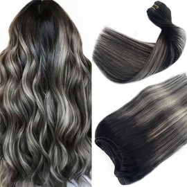 Weft Hair Extensions Human Hair 18 Inch Natural Black to Silver Sew in Hair Extensions Real Human Hair Straight Hand Tied Double Weft Hair for Women