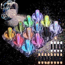 12 Colors Nail Glitter, Chrome Holographic Nail Powder Ultra Fine Laser Chameleon Rainbow Blue Black Gold Silver Powder Set for Nail Art Tips Manicure Design Decoration
