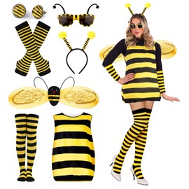 BITOWO Bienenkostüm Erwachsene Damen mit Haarreif Flügel Handschuhe Beinsocken Ohrringe Brille Bienen Kostüm Damen Bienen kleidung Kleid Kostüm Biene Damen für Faschingskostüm Biene Damen Verkleidung 130