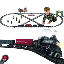 Electric Alloy Train Set for Kids Ages 4-8, Remote Control Metal Christmas Train Sets for Around The Tree, Trains Railway Kits w/Realistic Smoke,Sounds & Lights, Birthday Toys Gift for Boys Girls