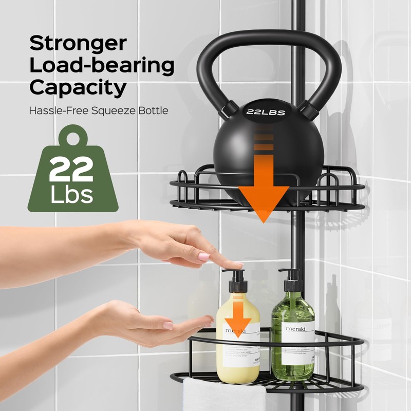 HAMITOR Shower Caddy Tension Pole: 4-Tier Rustproof Bathroom Corner Shelf