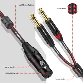 TIMEYES Quarter Inch to XLR Mic Cable 6FT - XLR Female to Dual 6.35 mm TS Mono Audio Cable - Dual 1/4'' to XLR Mic Y-Splitter Cable - XLR to 2 x 6.35 mm Unbalanced Breakout Adapter Cord - 2M