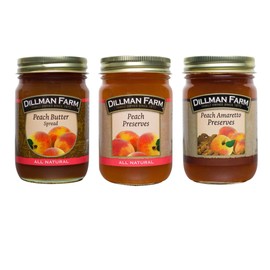 Dillman Farm Peach Lovers Trio (3 pack)| Peach Butter, Peach Preserves, Peach Amaretto- All Natural, Gluten-Free, Non-GMO, Vegan, Kosher, Eco-Friendly, Preservative Free, Corn Syrup Free - Made in USA, 16 oz 3 Pack (3, Peach Butter, Peach Preserves, Peach Amaretto Preserves)