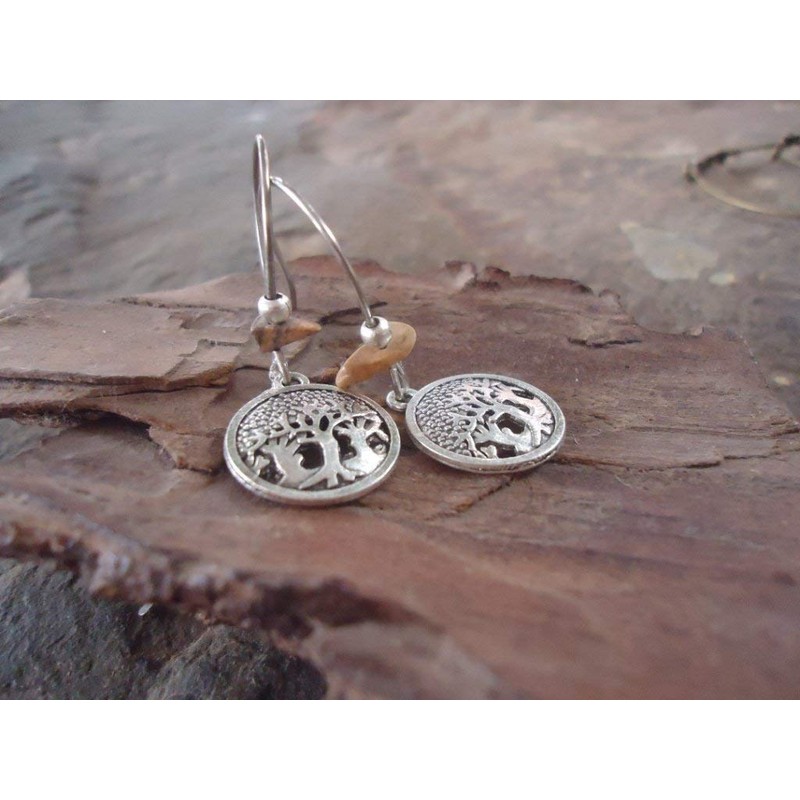 Laser cut ethnic forest jasper stone: long hook earrings