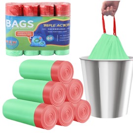 4 Gallon Trash Bags, 0.6 Mil Drawstring White Small Garbage Bags Unscented 15 Liter Extra Thick Plastic Wastebasket Liners, 60 Counts (Green)