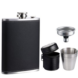Hip Flask Stainless Steel 8 oz / 240 ml Gift Hip Flask Set Black Leather Suitable with 4 Cups and Funnel, Hip Flask Best Man Questions Man Gifts