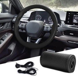 Leather Steering Wheel Cover, Stitch on Wrap, Steering Wheel Covers, 15Inch Breathable Anti-Slip Car Steering Wheel Protector, Steering Wheel Accessories Universal for Most Cars