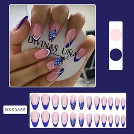 Blue Butterfly Press on Nails Medium Almond Fake Nails with Gold Glitter Curve Line Design Full Cover Glossy Glue on Nails Acrylic False Nails for Women Girls 24 Pcs (Blue-29, Nails-29)