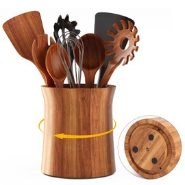 WBKATN Acacia Wood Utensil Holder for Kitchen Counter, 360° Rotating Wooden Large Cooking Utensils Holder for Countertop, Farmhouse Spoon Crock, Spatula Storage Organizer, Rustic Kitchen Decor