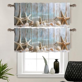 HDESDIS 2 Panels Beach Seashells Curtain Valance for Windows, Coastal Ocean Starfish Rod Pocket Short Window Treatment Decor Drapes for Kitchen, Bathroom, 54" X 18"