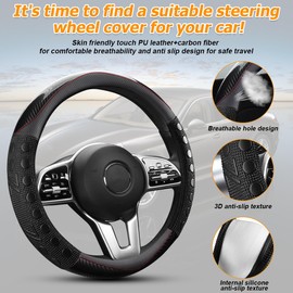 FALVFUN Car Steering Wheel Cover, 15 inch Leather Non-Slip Vehicle Steering Wheel Protector, Breathable Automotive Interior Protection Accessories, Universal for SUV Sedan Truck (Black)