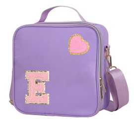 Insulated Nylon Lunch Box for Girls, Kids, and Women-Stylish Purple Preppy Large Lunch Bag with Adjustable Strap and Chenille Letter 'E', Tote for School, Travel, and Picnics-Ideal Preppy Stuff Choice
