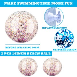 2pcs 16" Glitter Beach Balls,Inflatable Coloured Confetti Beach Ball for Kids Adult Swimming Pool Toys Pool Balls,Blow Up Ball Water Recreation Balls Beachball for Pool Party Games Summer Beach Toy