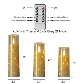 Wondise Flameless Flickering Candles with Embedded Star String Remote and Timer Battery Operated Flickering LED Candles Durable Acrylic Shell Pillar Candles for Christamas Home Decoration (Grey