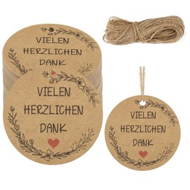 Pack of 100 Thank You Gift Tags, 5.5 cm Round Thank You Cards Pendants, Thank You Gifts, Kraft Paper Tags with String 20 m, Label Tags for Weddings, Parties, DIY Gifts