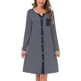 Marvmys Women's Cotton Nightdress with Full-Length Button Placket Striped Long Sleeves Night Dress Sleep Shirt Sleepwear Maternity Nursing Nightdress, Blue-long sleeves