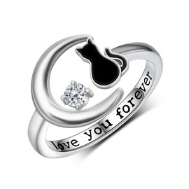 Cat Ring 925 Sterling Silver Moon Ring Black Cat Jewelry Gift for Women Gift