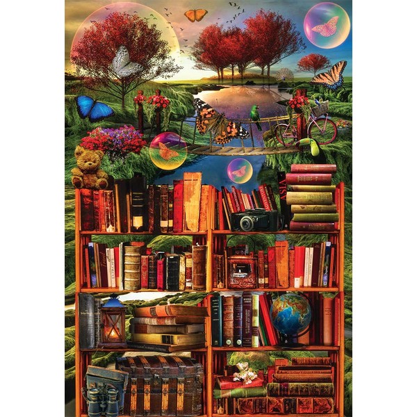 Crown Point Graphics Imagination Through Reading - 1000 Piece Soft Touch Jigsaw Puzzle - Art from Celebrate Life Gallery - Soft Touch Design - Fantasy Bookshelf Puzzle with Butterflies and Bridge