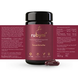 rubyni® Sour Cherry Capsules (90 Capsules) • 360 mg Sour Cherry Extract per Capsule • Montmorency Sour Cherry • Pure Cherry Extract with 100% CherryCraft® • Laboratory Tested • 100% Vegan