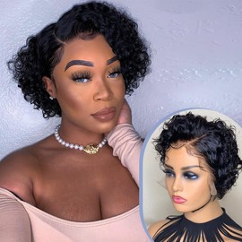 YKHJH Short Curly Human Hair Wigs Pixie Cut Wig Human Hair Lace Front Wigs 6 Inch 13x4x1 Side Part Human Hair Wigs for Black Women Plucked Hairline Natural Black Color