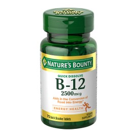 Nature’s Bounty Vitamin B12 2500 mcg, Cellular Energy Support, for Energy Metabolism, Heart & Nervous System Health, 75 Quick Dissolve Tablets
