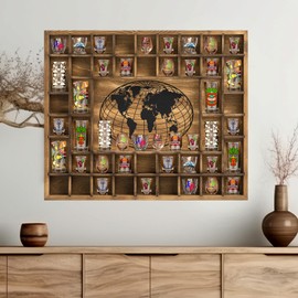 GlikCeil Large World Map 44 Slots Shot Glass Display Case 28 x 23'' Rustic Wood Shot Glass Holder for 2 Sizes Wineglass Bar Shelf Organizer Wall Mount Storage Shadow Cabinet Decor (Brown)