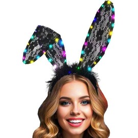 Foyte Foyte Black Bunny Ears Headband Light Up Lace Hair Bands Glowing Fluffy Head Bands Long Ears Hair Accessories for Women Masquerade