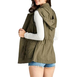 PacificPlex Womens Cotton Cargo Anorak Utility Hooded Vest (Medium, Olive)