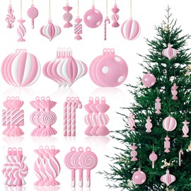 Panelee Christmas Tree Ornaments PVC Xmas Candy Cane Lollipop Ornament Christmas Hanging Decors Birthday Party Decoration Crafts for Holiday Xmas Tree Party (20, Pink and White)