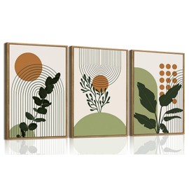 Bwodke Boho Wall Art, Framed Abstract Wall Art, Botanical Canvas Wall Decor, Mid Century Plant Leaf Geometric Pictures Set of 3, Minimalist Paintings, for Bedroom Living Room Bathroom 12"x16"