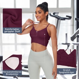 Vertvie Women's Sports Bra, Padded Crossback Yoga Bra with Spaghetti Straps, Non-Wired Ribbed Bra Top, Breathable Bra with Removable Cups