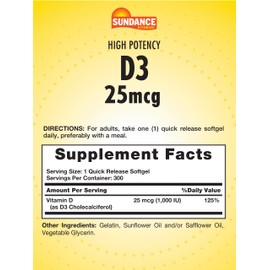 Sundance Vitamin D3 1000 IU | 300 Softgels | High Potency | Essential Vitamin Formula | Non-GMO and Gluten Free Supplement