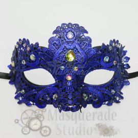 Women's Venetian Lace Mardi Gras Masquerade Mask with Rainbow Gems [Blue]