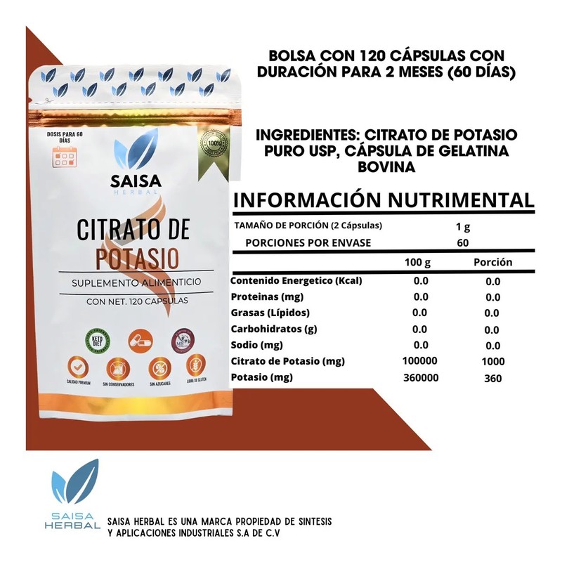 Citrato De Potasio 2 bolsas con 120 capsulas cu. Suplemento